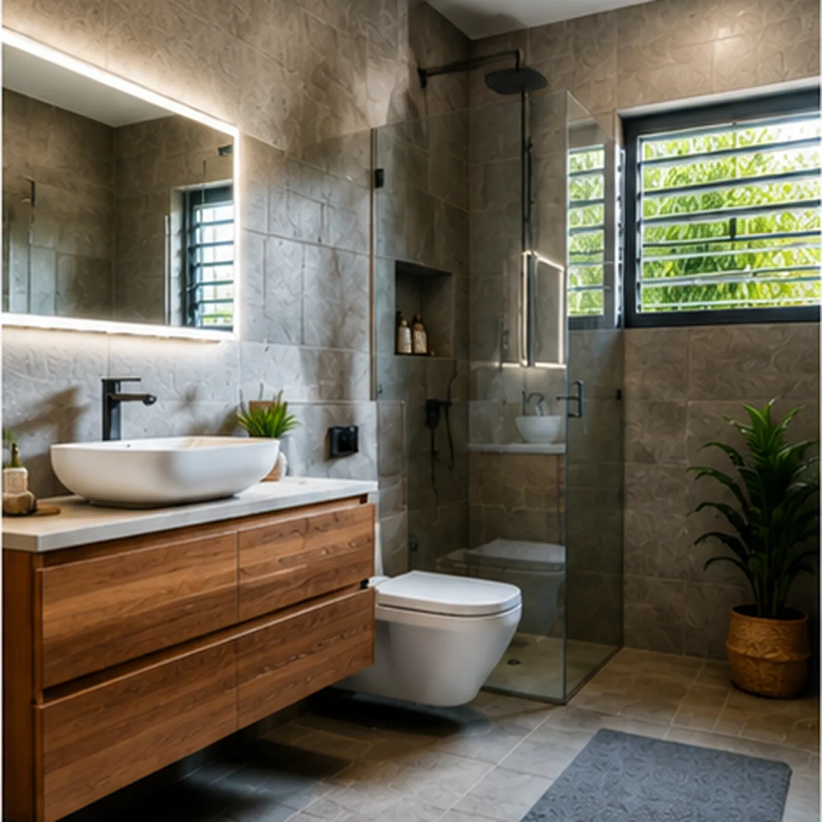 Salle de bain rénovée, douche et meuble vasque